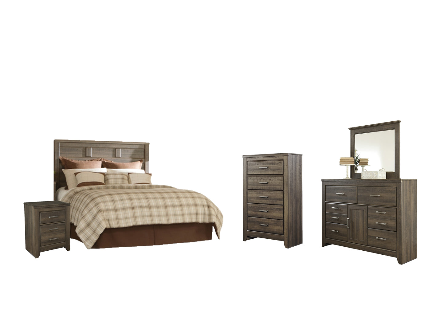 Juararo Queen Panel Headboard with Mirrored Dresser, Chest and Nightstand