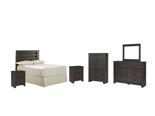 Cabecero de cama completo Brinxton con tocador con espejo, cómoda y dos mesitas de noche