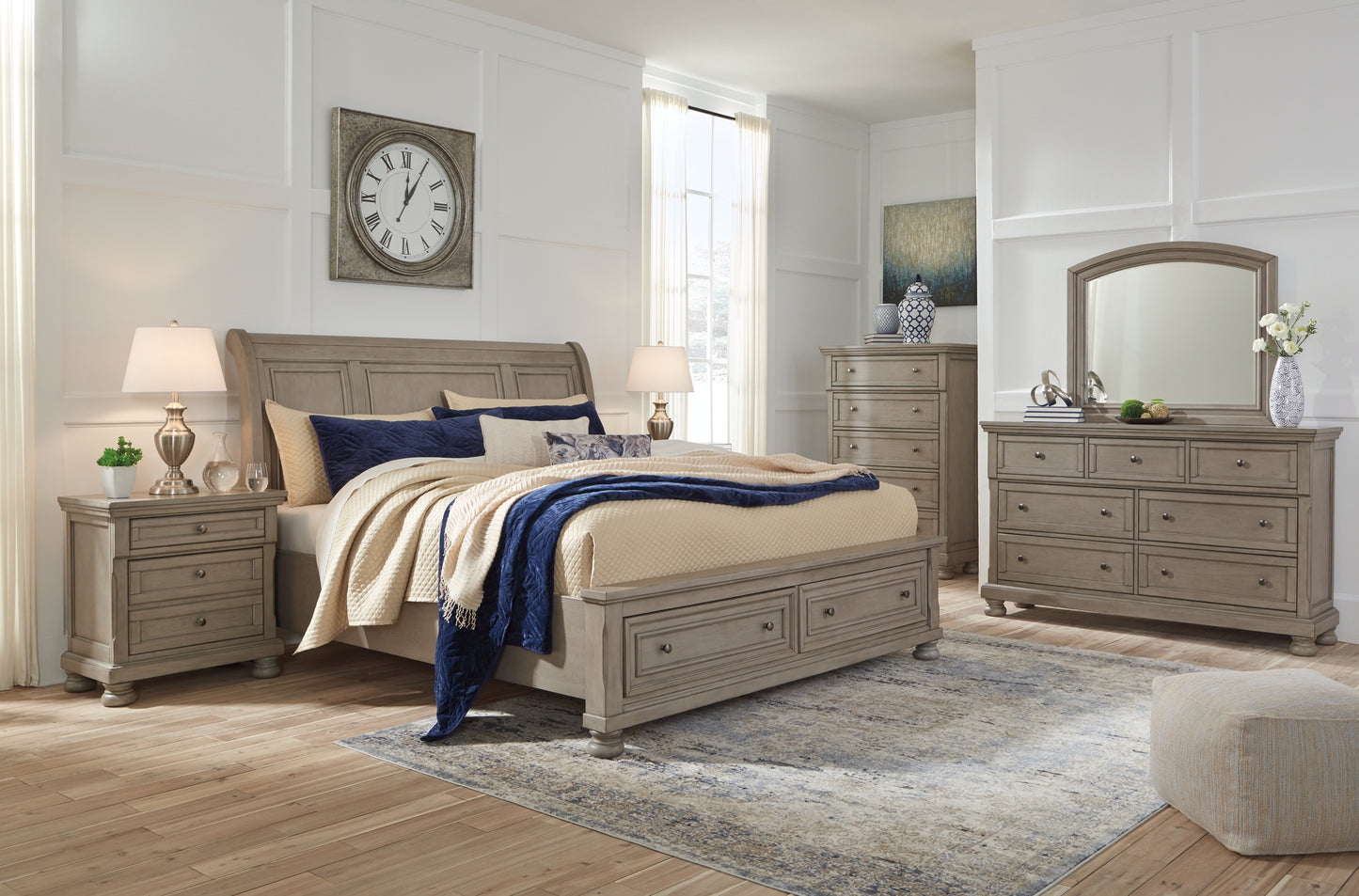 Lettner California King Sleigh Bed with Mirrored Dresser, Chest and Nightstand