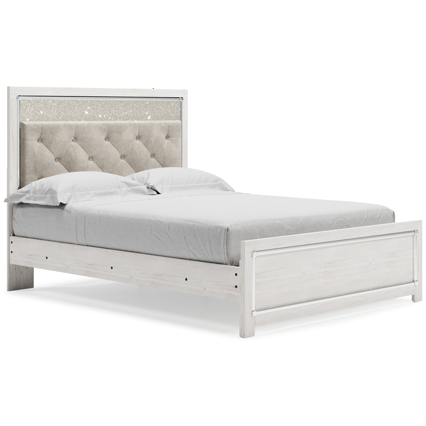 Cama Queen Altyra con paneles, tocador con espejo, cómoda y mesita de noche