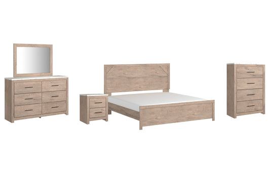 Cama Senniberg King con paneles, tocador con espejo, cómoda y mesita de noche