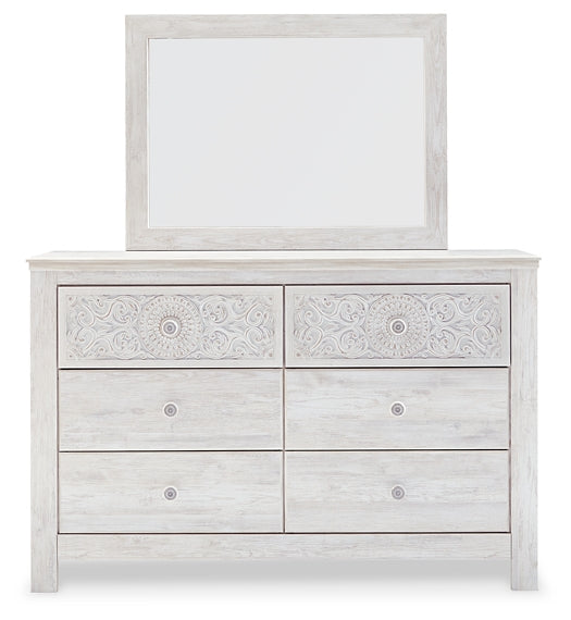 Paxberry King Panel Bed with Mirrored Dresser and Chest