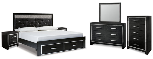 Kaydell King Upholstered Panel Storage Bed with Mirrored Dresser, Chest and 2 Nightstands