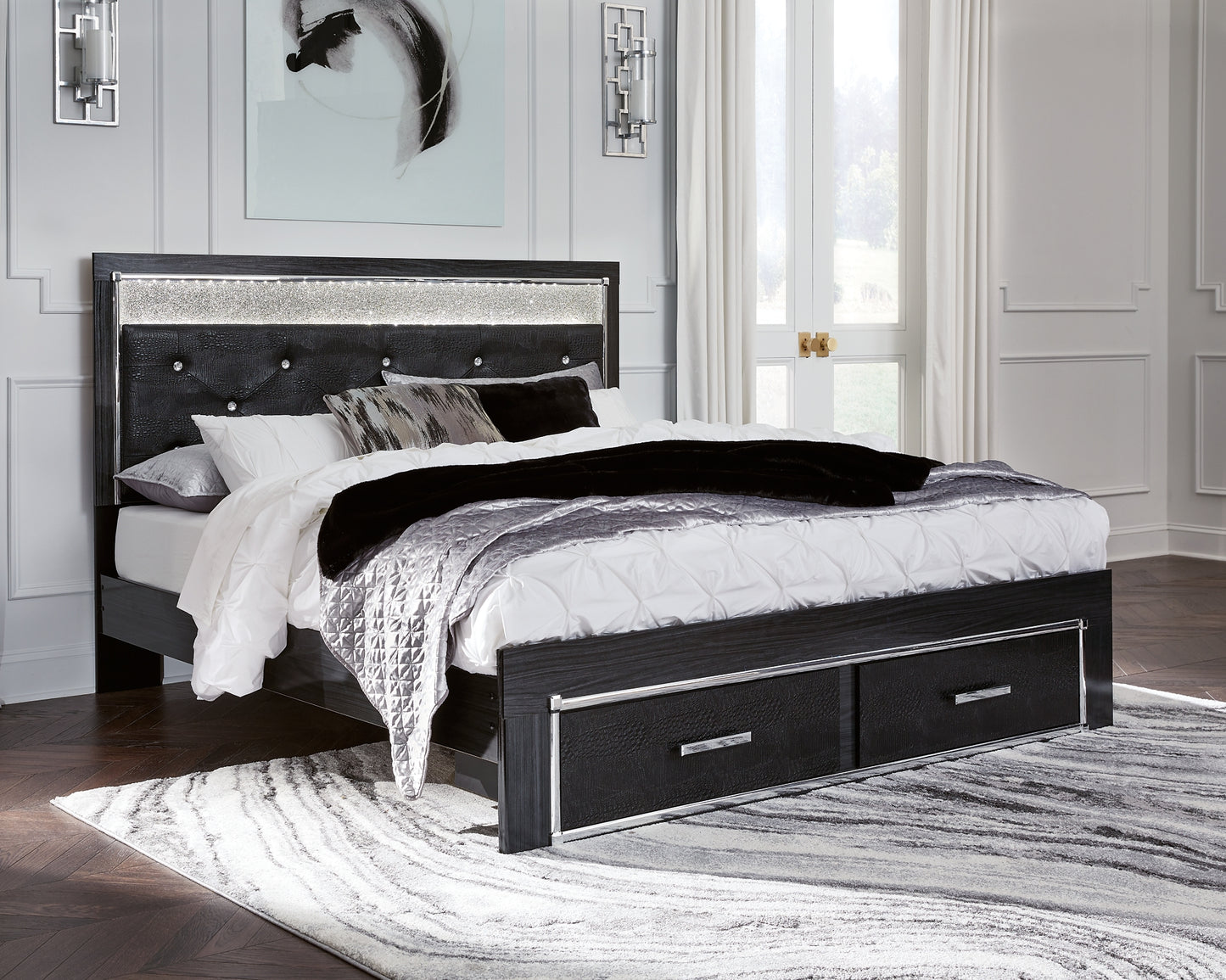 Kaydell King Upholstered Panel Storage Bed with Mirrored Dresser, Chest and 2 Nightstands