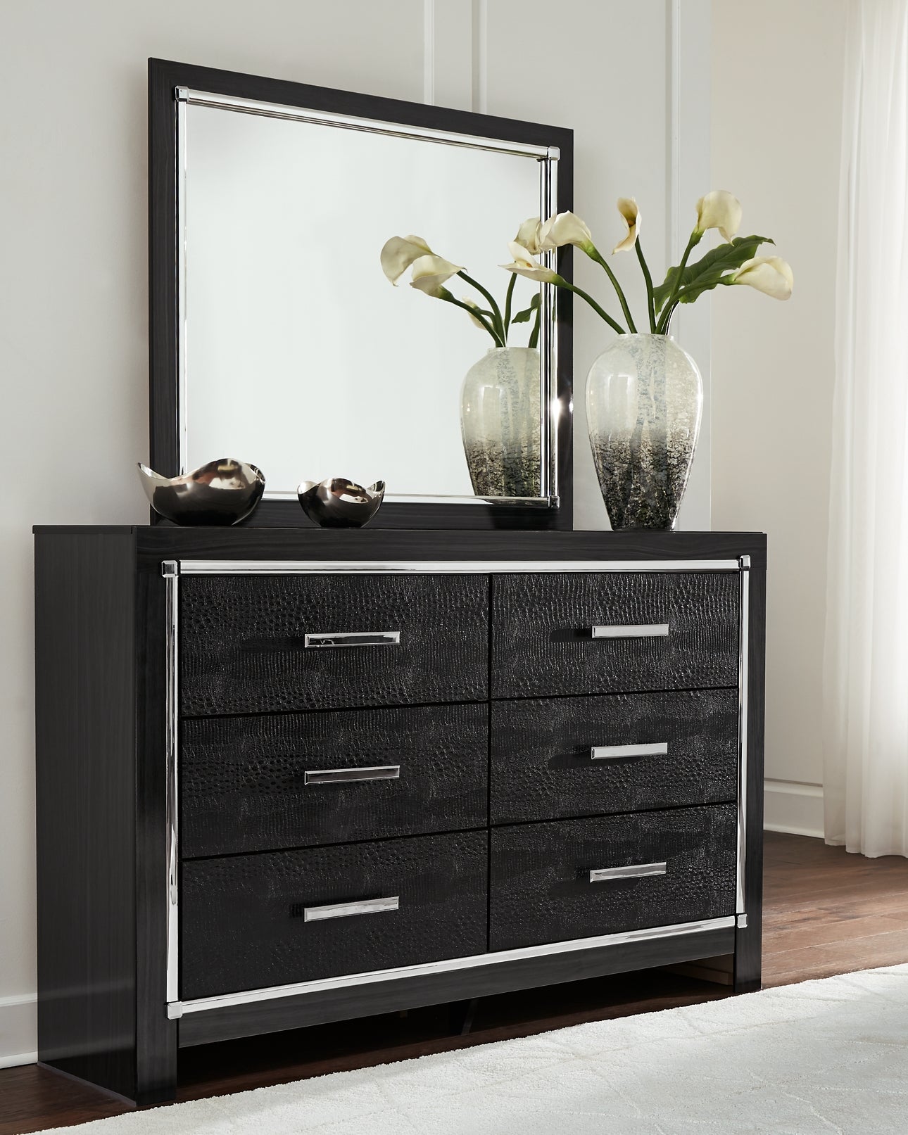 Kaydell King Upholstered Panel Headboard with Mirrored Dresser, Chest and 2 Nightstands