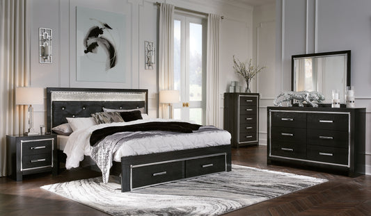 Kaydell King Upholstered Panel Storage Platform Bed with Mirrored Dresser, Chest and 2 Nightstands