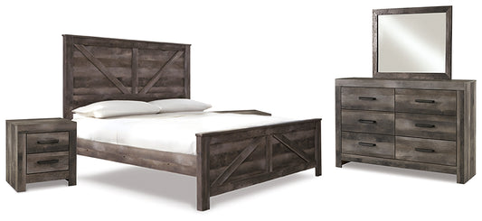 Cama King Crossbuck con paneles Wynnlow, tocador con espejo y dos mesitas de noche