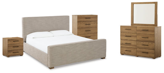 Dakmore Queen Upholstered Bed with Mirrored Dresser, Chest and Nightstand