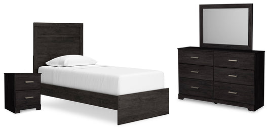 Cama Belachime Twin Panel con tocador con espejo y mesita de noche