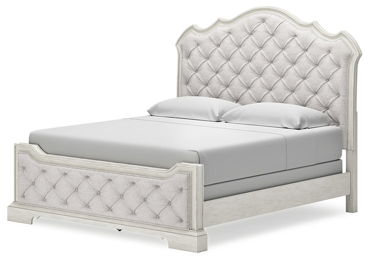 Cama California King tapizada Arlendyne con tocador con espejo, cómoda y 2 mesitas de noche