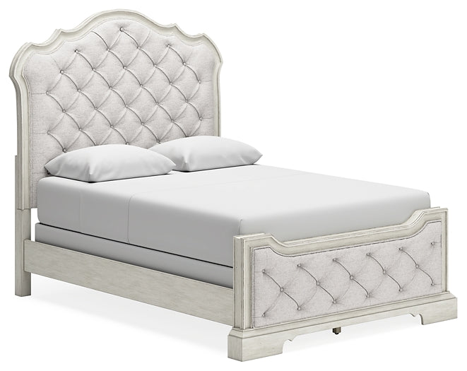 Cama Queen tapizada Arlendyne con tocador con espejo, cómoda y 2 mesitas de noche