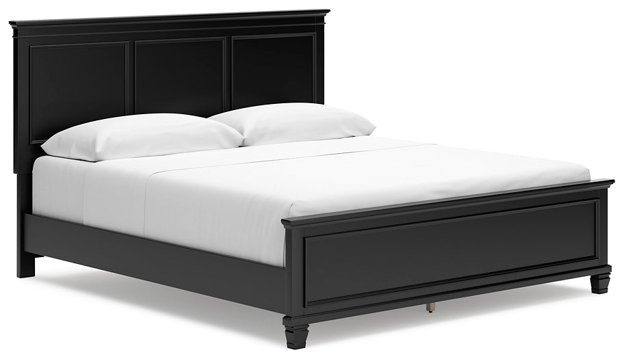 Cama California King de Lanolee con paneles, tocador con espejo, cómoda y dos mesitas de noche