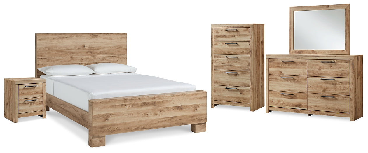 Cama Queen Hyanna con tocador con espejo, cómoda y mesita de noche