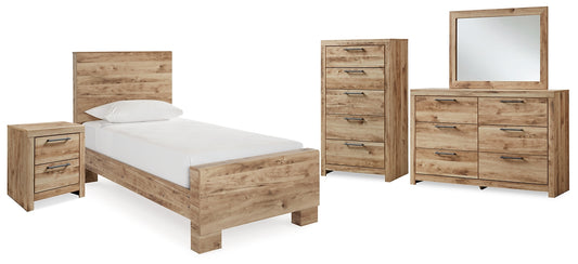 Cama Hyanna Twin Panel con tocador con espejo, cómoda y mesita de noche