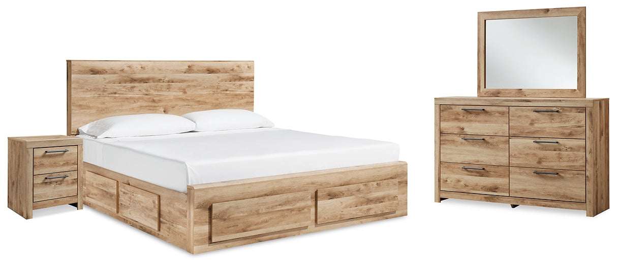 Cama King Hyanna con espacio de almacenaje, tocador con espejo y mesita de noche