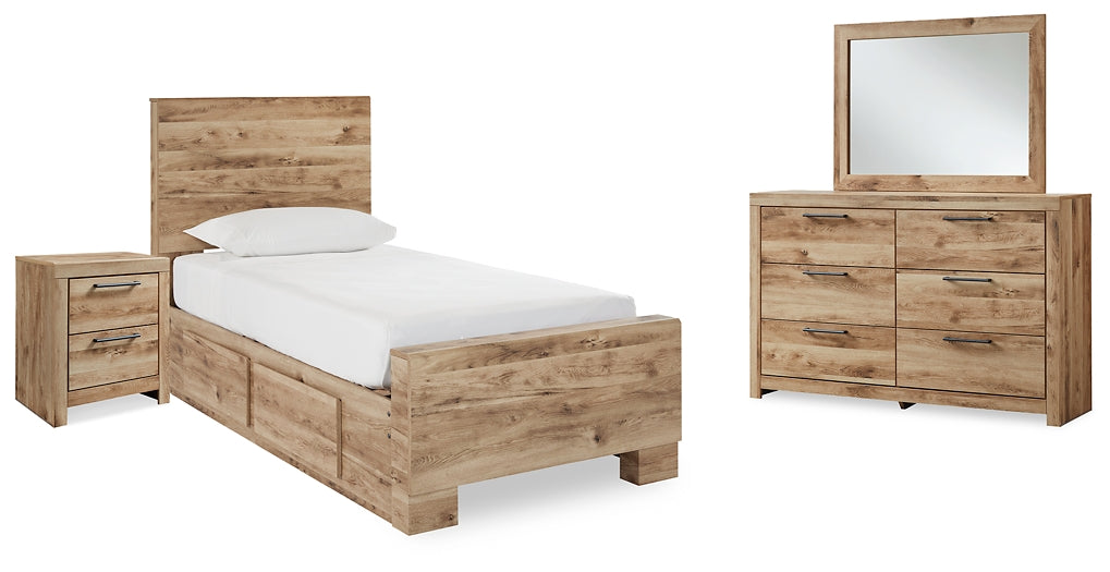 Cama Hyanna Twin con paneles, espacio de almacenaje, tocador con espejo y mesita de noche