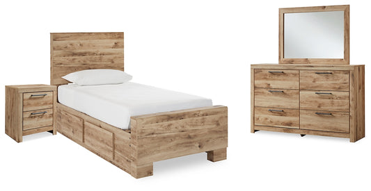 Cama Hyanna Twin con paneles, espacio de almacenaje, tocador con espejo y mesita de noche