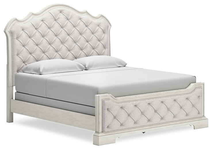 Cama California King tapizada Arlendyne con tocador con espejo y 2 mesitas de noche