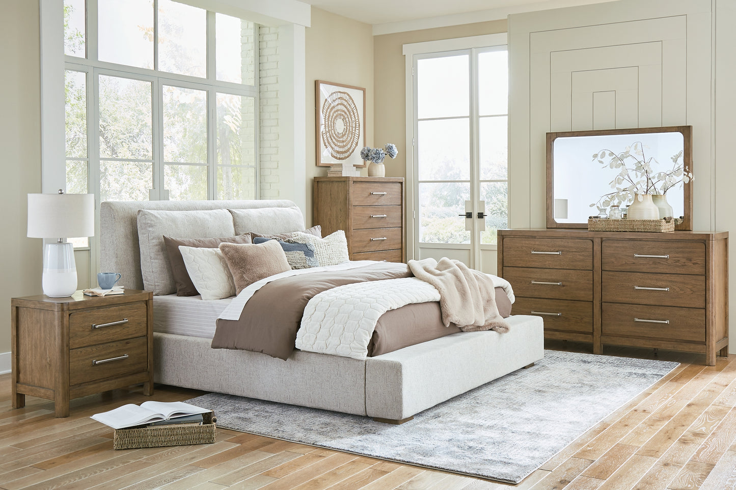 Cabalynn King Upholstered Bed with Mirrored Dresser, Chest and Nightstand