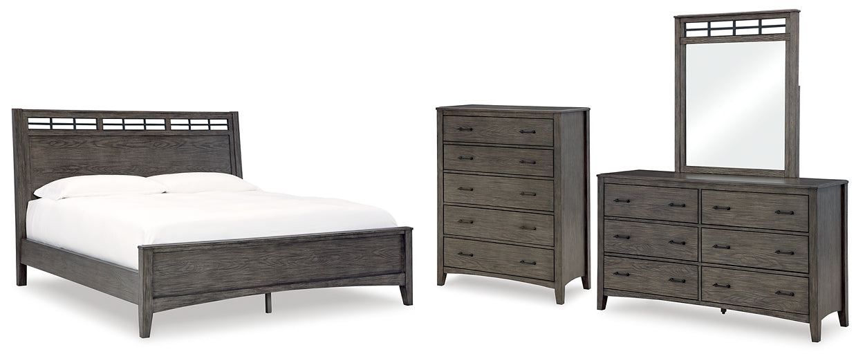 Montillan California King Panel Bed with Mirrored Dresser and Chest