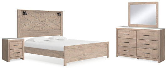 Cama Senniberg King con paneles, tocador con espejo y mesita de noche