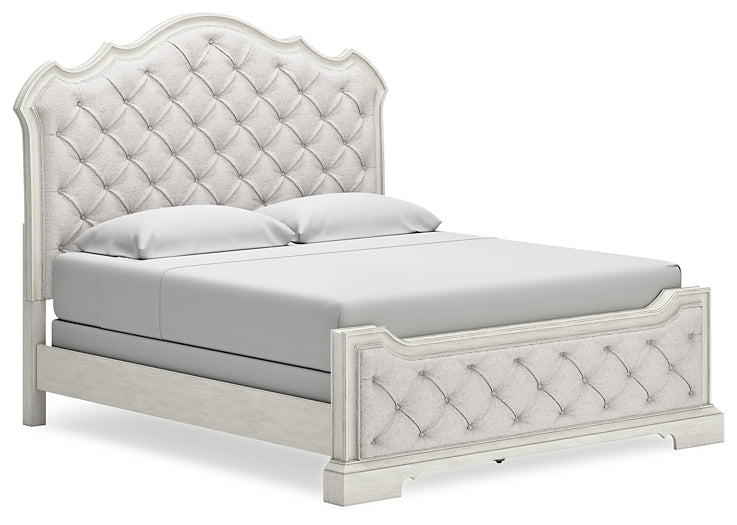 Cama King tapizada Arlendyne con tocador con espejo, cómoda y mesita de noche