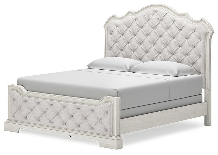 Cama King tapizada Arlendyne con tocador con espejo, cómoda y mesita de noche