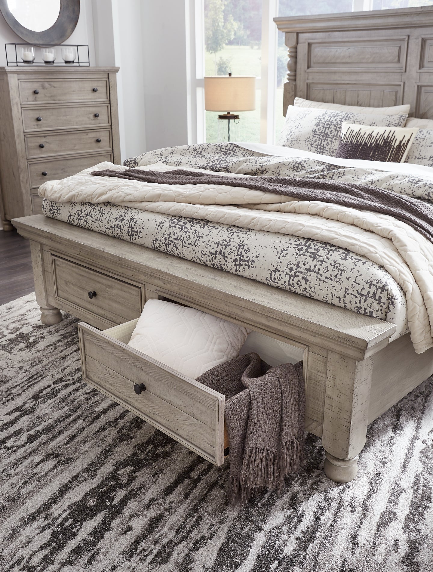 Harrastone Queen Panel Bed with Mirrored Dresser, Chest and 2 Nightstands