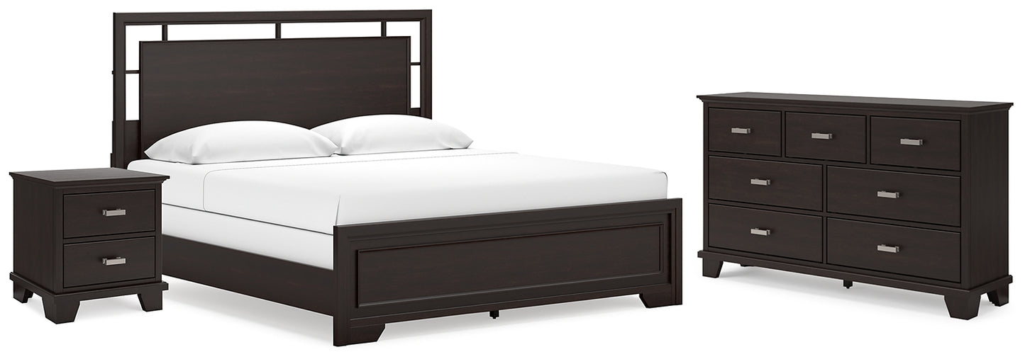 Cama California King con paneles, tocador y mesita de noche Covetown