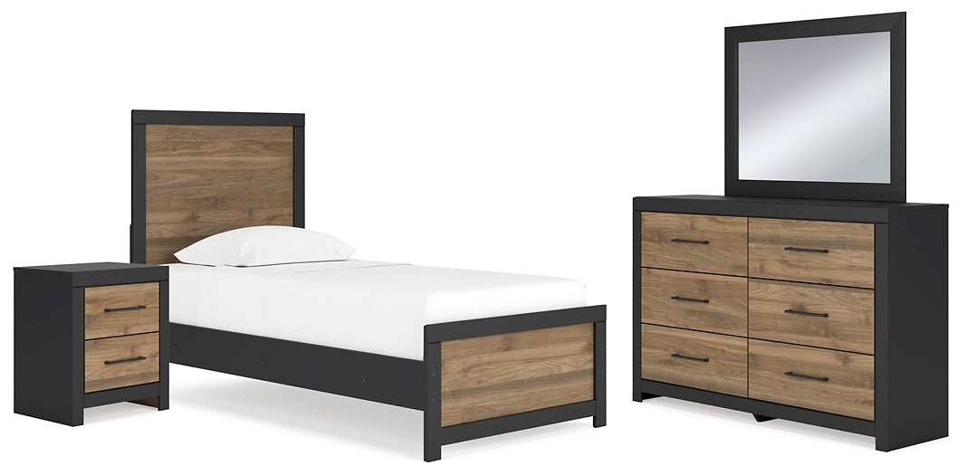 Cama Vertani Twin Panel con tocador con espejo y mesita de noche