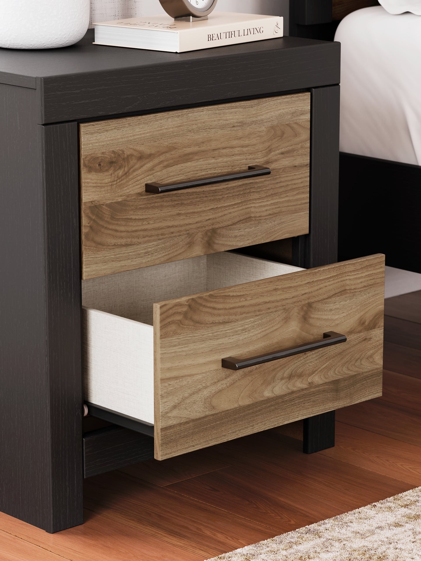 Cama Vertani Twin Panel con tocador con espejo, arcón y mesita de noche