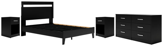 Cama Queen con plataforma y paneles Finch, tocador y dos mesitas de noche