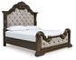 Cama California King tapizada Maylee con tocador con espejo y mesita de noche