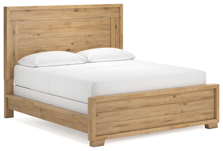 Cama California King Galliden con paneles, tocador con espejo, cómoda y dos mesitas de noche