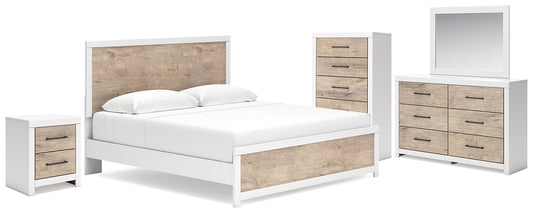 Cama King Charbitt con tocador con espejo, cómoda y mesita de noche