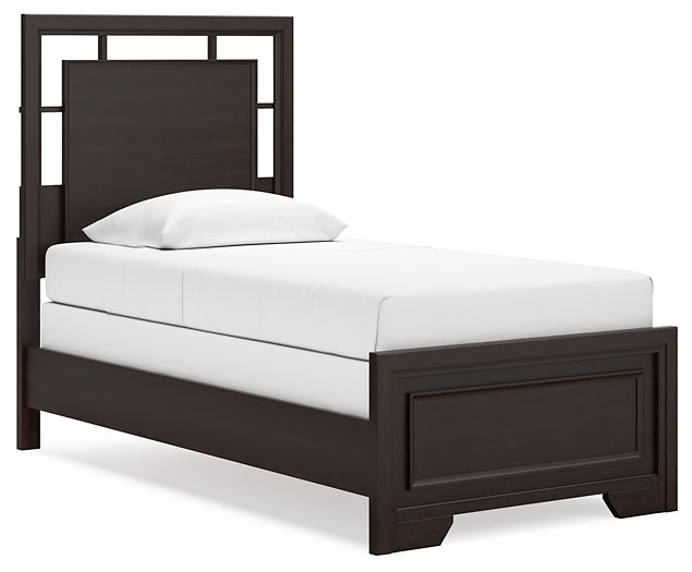 Cama Covetown Twin Panel con tocador con espejo, cómoda y mesita de noche