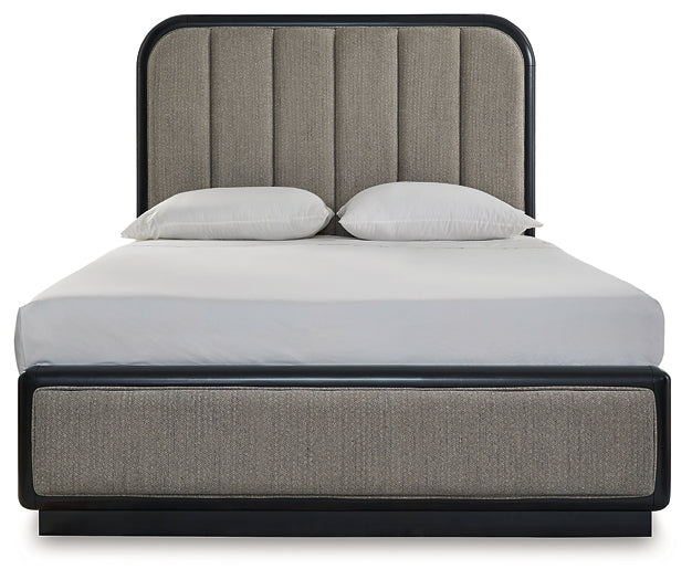 Cama Queen con paneles tapizados, tocador con espejo, cómoda y mesita de noche de Rowanbeck