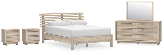 Cama Queen con paneles Hasbrick, tocador con espejo y dos mesitas de noche