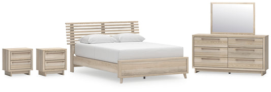 Cama Queen con paneles Hasbrick, tocador con espejo y dos mesitas de noche