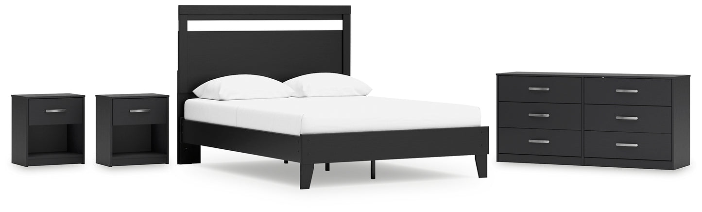 Cama Queen con plataforma y paneles Finch, tocador y dos mesitas de noche