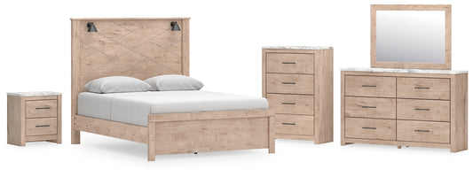 Cama Senniberg Queen con paneles, tocador con espejo, cómoda y mesita de noche