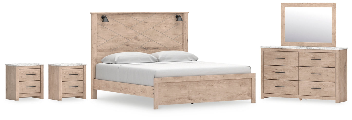 Cama Senniberg King con paneles, tocador con espejo y dos mesitas de noche