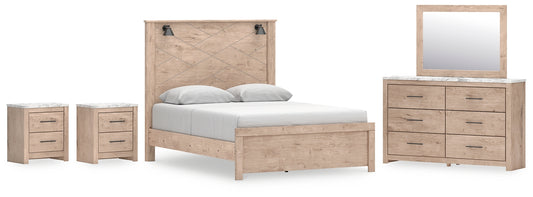 Cama Senniberg Queen con paneles, tocador con espejo y dos mesitas de noche