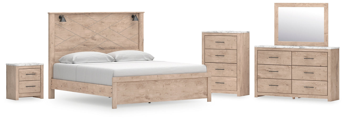 Cama Senniberg King con paneles, tocador con espejo, cómoda y mesita de noche